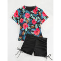 Damen Surf-Badeanzug-Set mit floralem Kurzärmel-Oberteil und komfortablen Shorts R&B