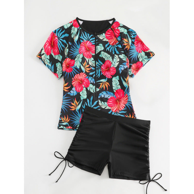 Damen Surf-Badeanzug-Set mit floralem Kurzärmel-Oberteil und komfortablen Shorts R&B