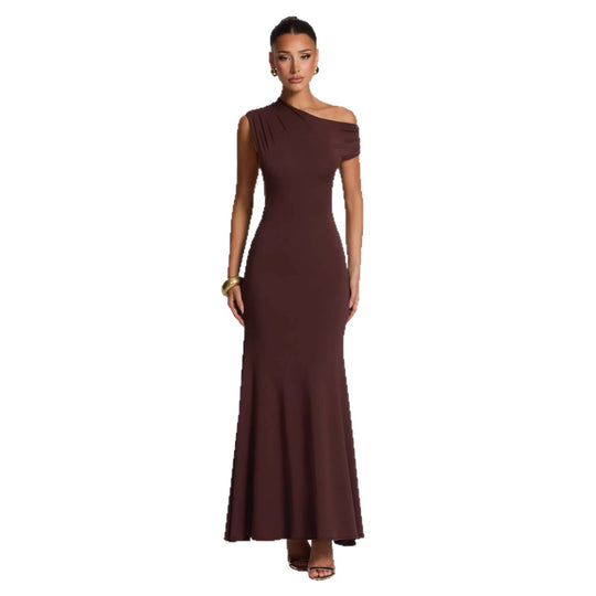 Damen Elegantes asymmetrisches Maxikleid mit schulterfreiem Design R&B