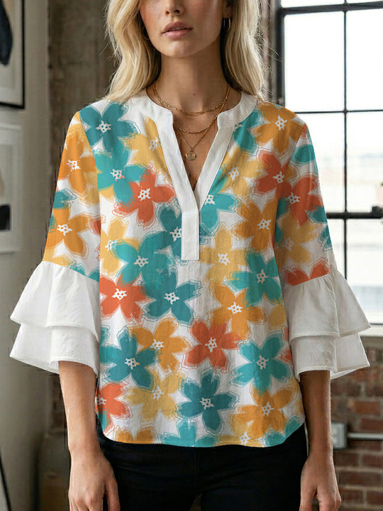 Damen Bluse mit voluminösen Ärmeln und floralem Design R&B