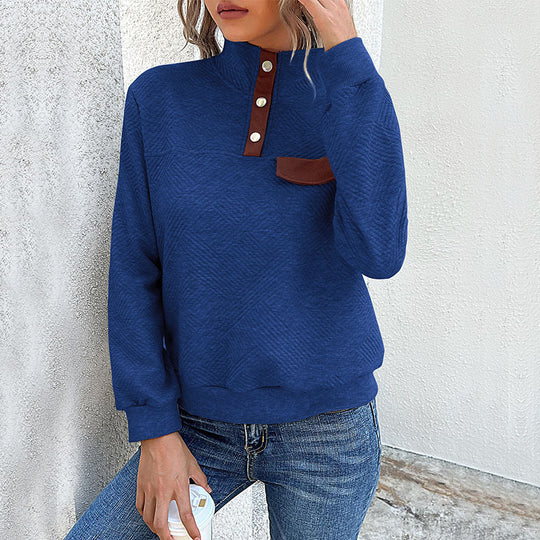 Damen lässiger Pullover mit strukturiertem Kragen und praktischer Brusttasche R&B