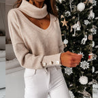 Damen eleganter Pullover mit hochwertigem Halsausschnitt und schicken Druckknöpfen R&B