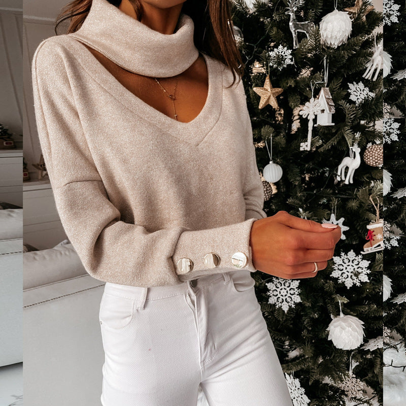Damen eleganter Pullover mit hochwertigem Halsausschnitt und schicken Druckknöpfen R&B