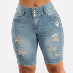 Damen Ripped Denim Shorts mit regulierbarem Bund und modischen Zierflicken R&B