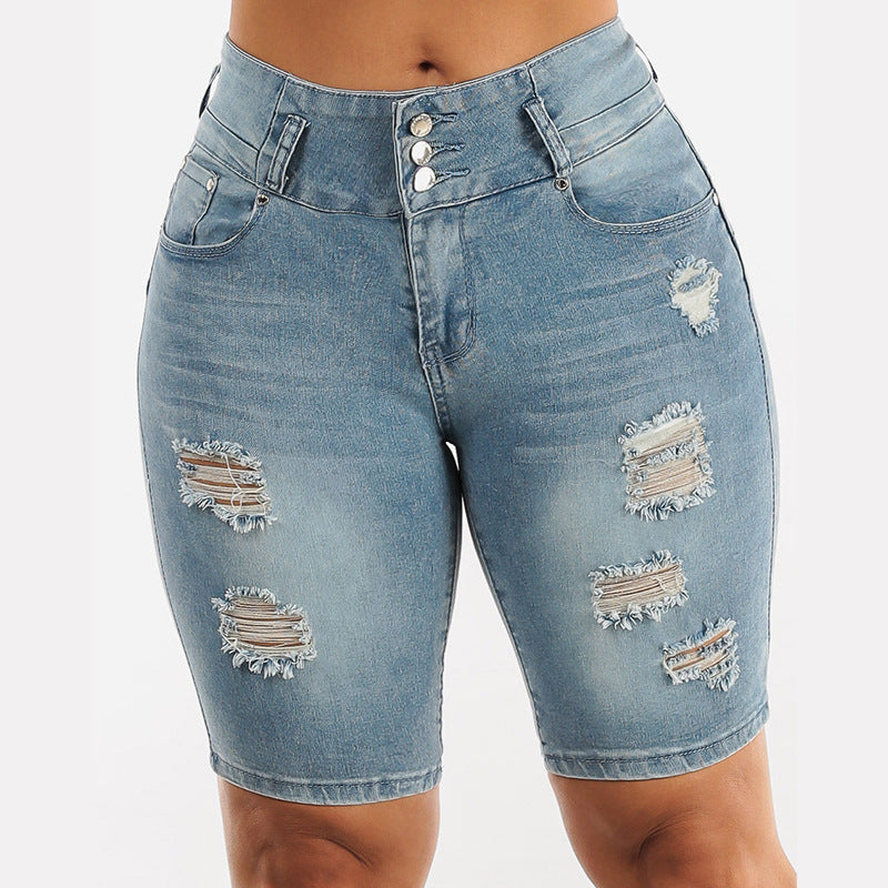 Damen Ripped Denim Shorts mit regulierbarem Bund und modischen Zierflicken R&B