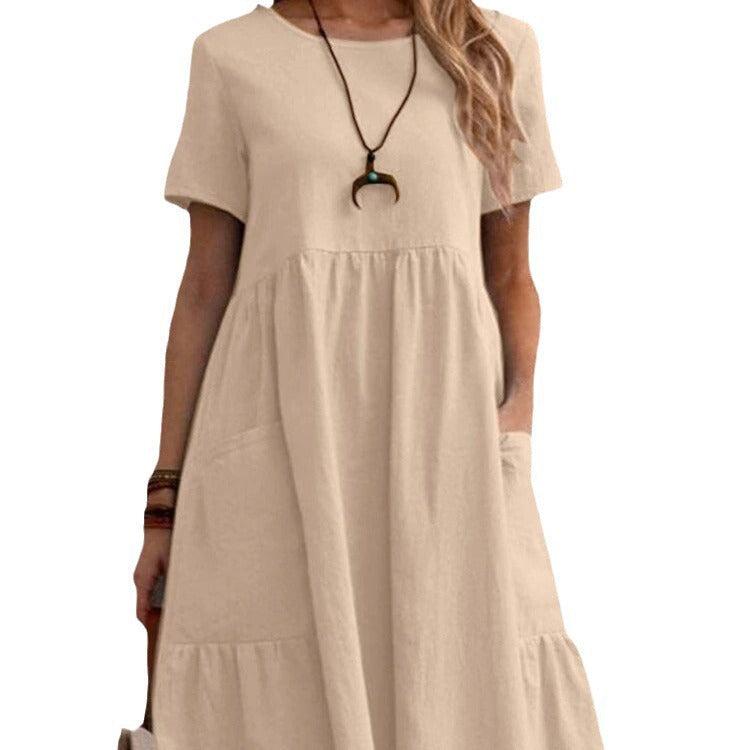 Damen Lockeres Baumwollkleid mit Taschen und Volant R&B