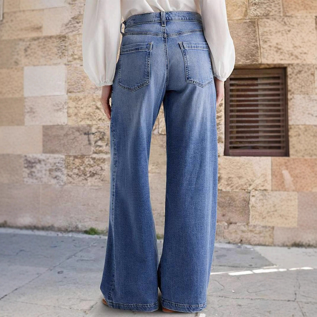 Damen Weit geschnittene Denim-Hose mit hoher Taille und eleganten Taschen R&B