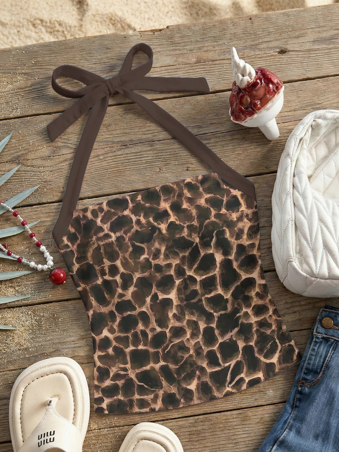 Damen Neckholder Top mit verspieltem Leopardenmuster R&B