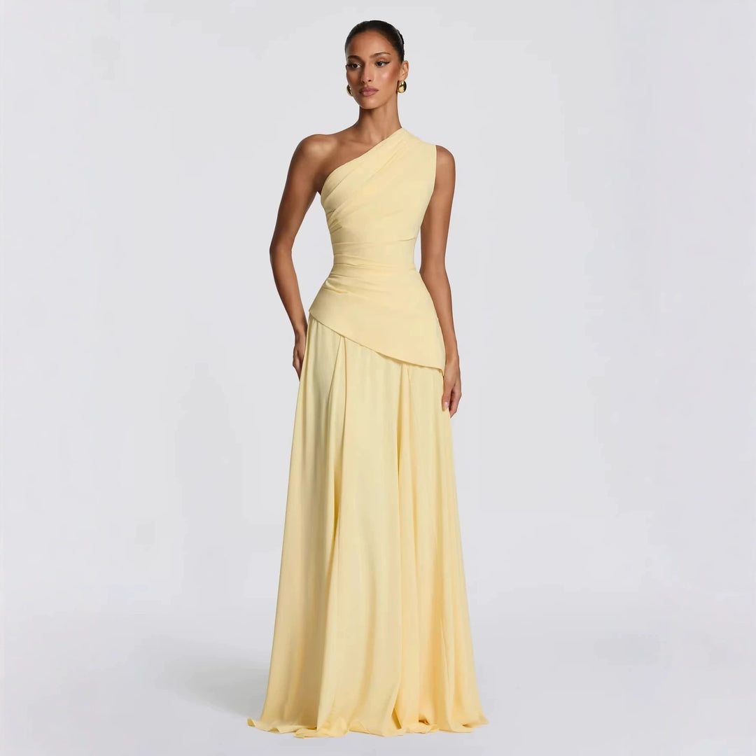 Damen Elegantes One-Shoulder Maxikleid mit fließenden Drapierungen R&B