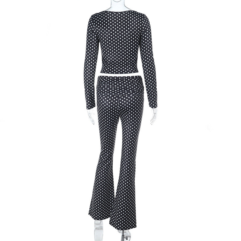 Damen figurbetonter Jumpsuit mit langen Ärmeln und Polka-Dot Muster R&B