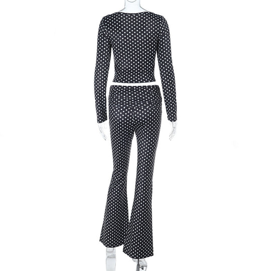 Damen figurbetonter Jumpsuit mit langen Ärmeln und Polka-Dot Muster R&B
