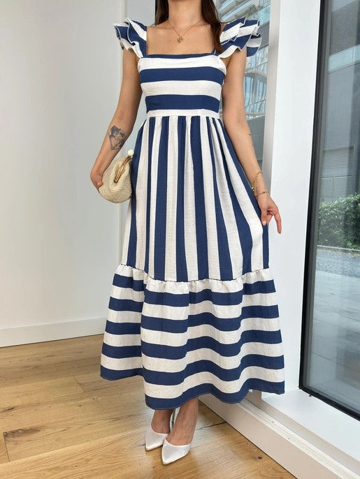 Damen Maxi-Kleid mit verspieltem Streifenmuster und Rüschendetails R&B