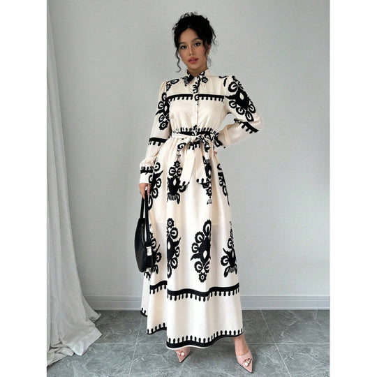 Damen Langarm-Maxikleid mit elegantem Knopfdesign und taillierbarem Gürtel R&B