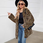 Damen Flauschige Jacke mit modernem Leopardenmuster und bequemen Taschen R&B