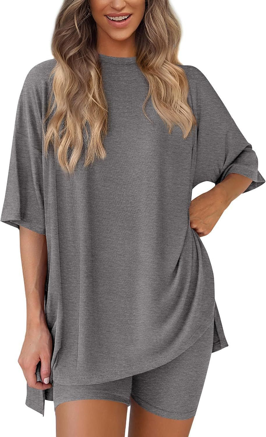 Damen Kurzes Pyjama-Set mit lockerem Shirt und Shorts R&B