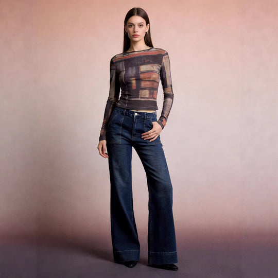 Damen High-Waist Weitbeinerhosen mit angesagtem Aufnäher R&B