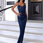 Damen elegantes Satin-Langkleid mit Wickeloptik und seitlichem Schlitz EB