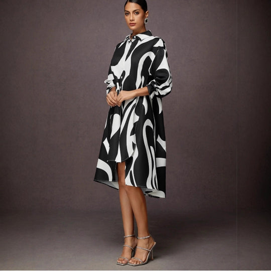 Damen Hemdblusenkleid mit modernem Grafikdruck und asymmetrischem Schnitt R&B