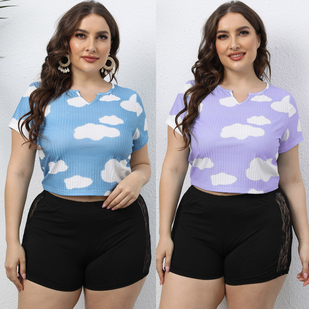 Damen cropped T-Shirt mit Wolkenmuster und elastischem Bund R&B