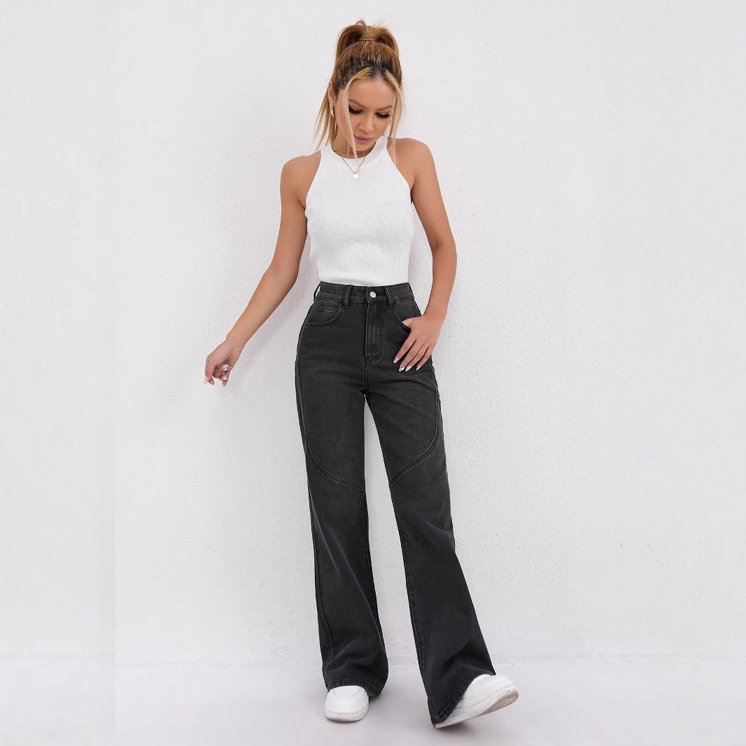 Damen Weite High-Waist Jeans mit modischem Schnitt und außergewöhnlichen Nähten R&B