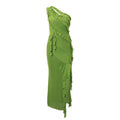 Damen hochgeschlossenes Maxikleid mit asymmetrischem Rüschendesign und eleganter Drapierung R&B