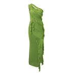 Damen hochgeschlossenes Maxikleid mit asymmetrischem Rüschendesign und eleganter Drapierung R&B