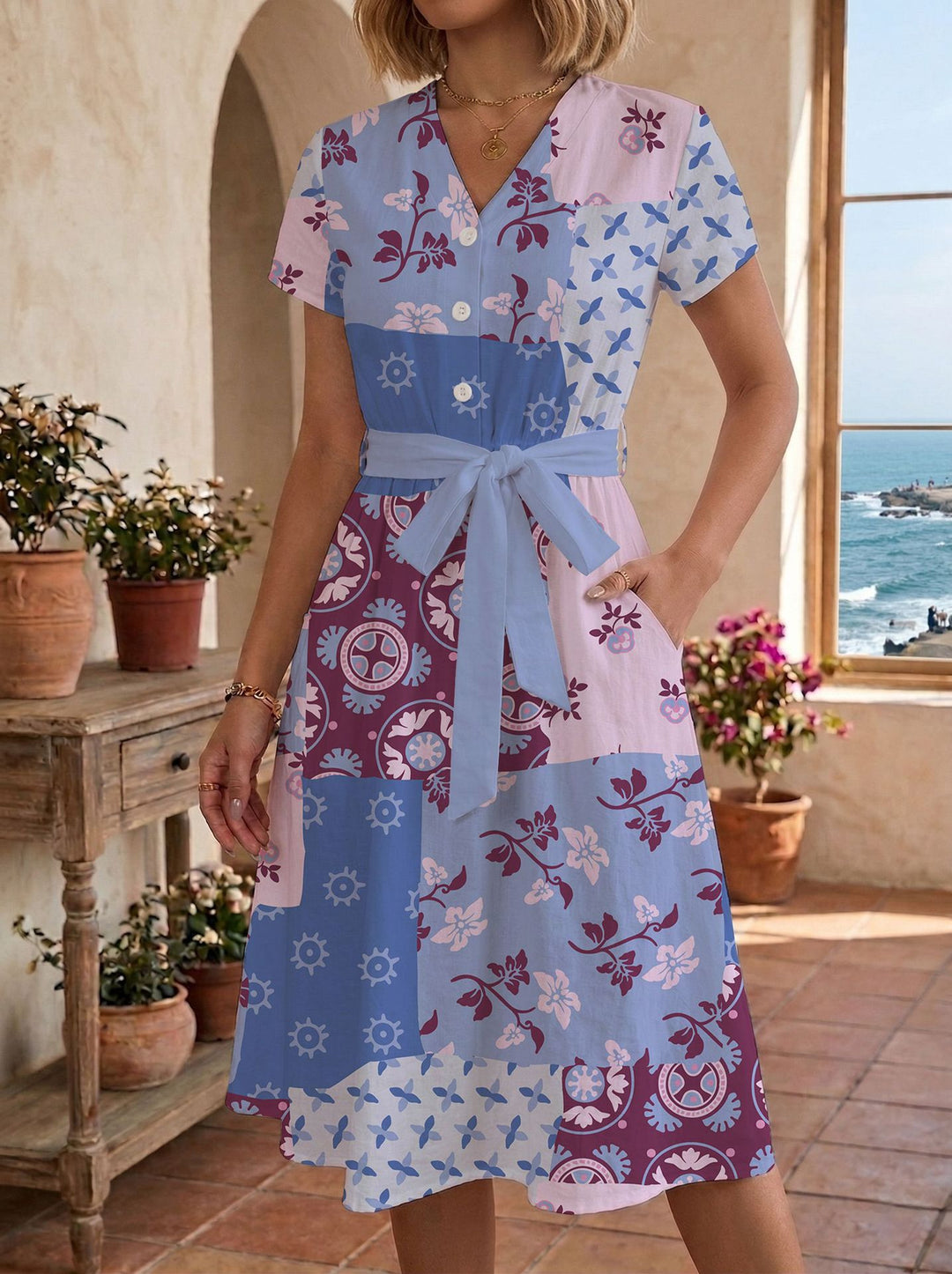 Damen Sommerliches Kleid mit taillierbarem Bindegürtel und floralem Muster R&B