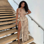 Damen Maxikleid mit seitlichem Schlitz und elegantem Animal-Print R&B
