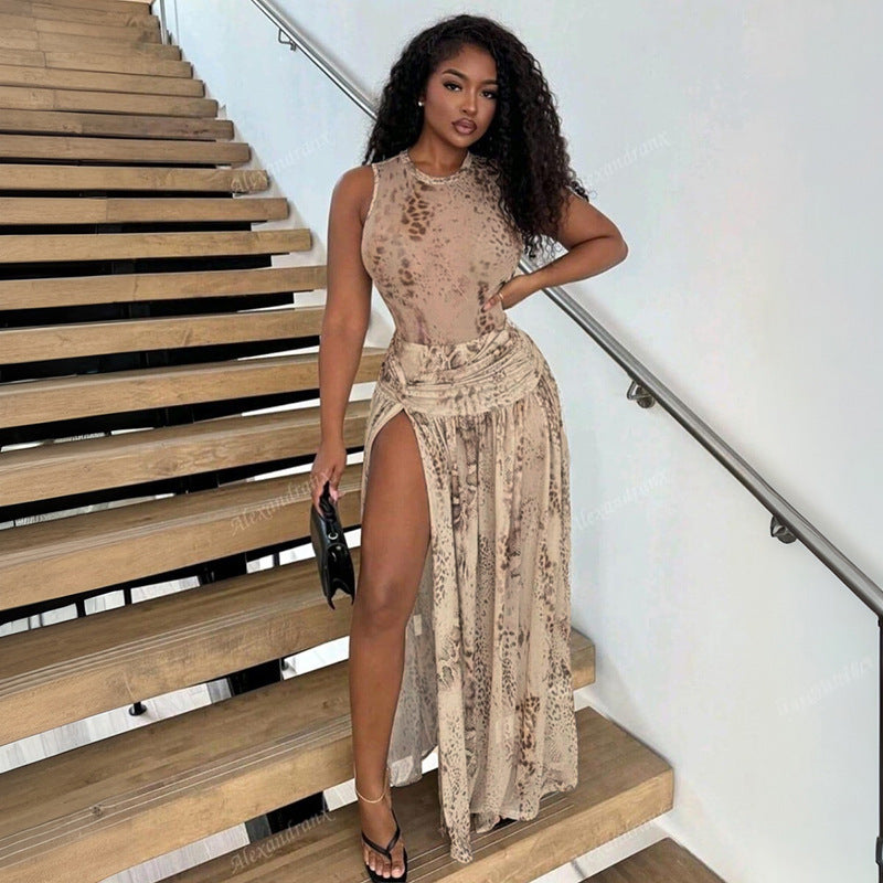 Damen Maxikleid mit seitlichem Schlitz und elegantem Animal-Print R&B