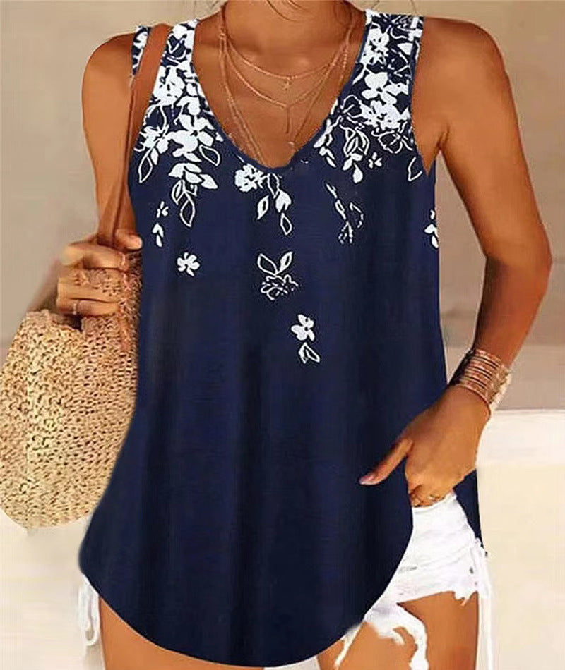Damen ärmelloses Blusenshirt mit floralem Muster und V-Ausschnitt R&B