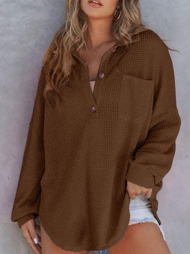 Damen Lässiges Waffle-Muster Oberteil mit Knopfdetail R&B