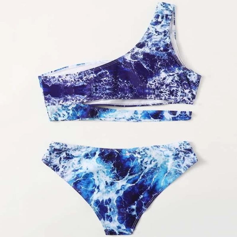 Damen Sport-Bikini mit asymmetrischem Schnitt und modischem Wasser-Motiv R&B