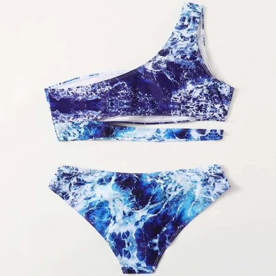 Damen Sport-Bikini mit asymmetrischem Schnitt und modischem Wasser-Motiv R&B