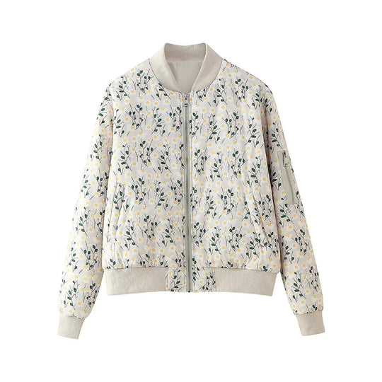 Damen stylische Bomberjacke mit floralen Mustern und elastischen Bündchen R&B