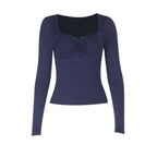 Damen Longsleeve Oberteil mit dekadenter Spitzenborte und raffiniertem Drapierungsdetail EB