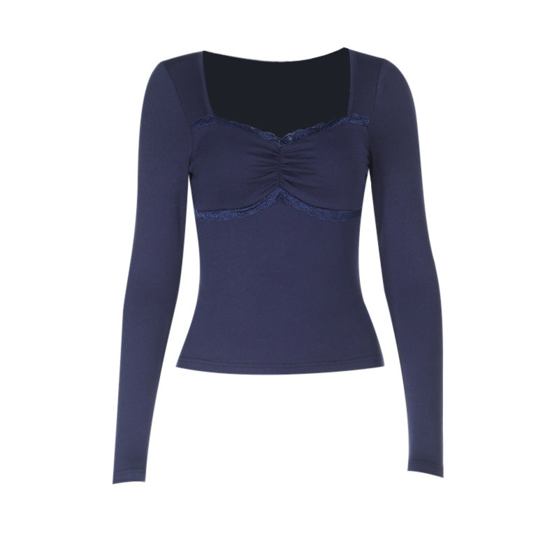Damen Longsleeve Oberteil mit dekadenter Spitzenborte und raffiniertem Drapierungsdetail EB