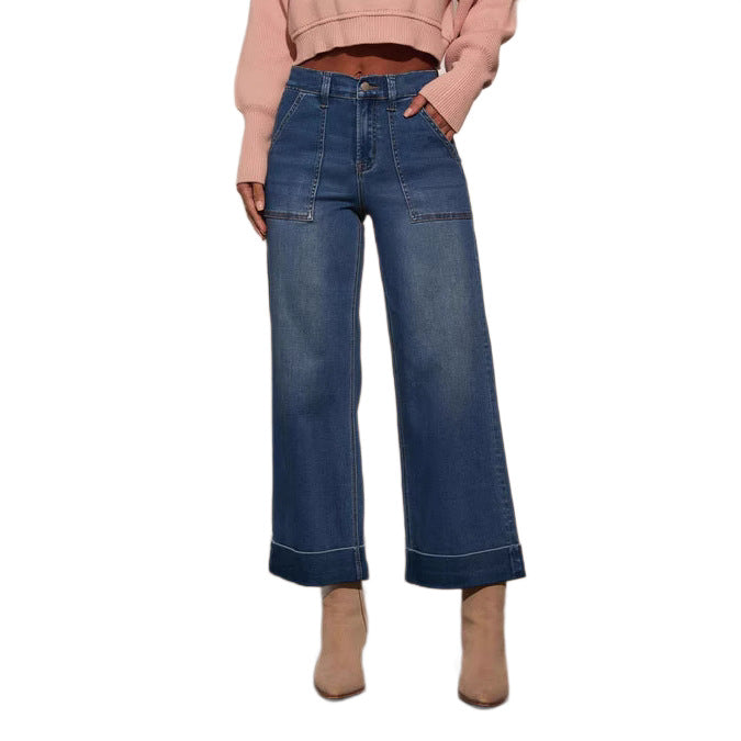 Damen weit geschnittene Denim-Hose mit hohem Bund R&B