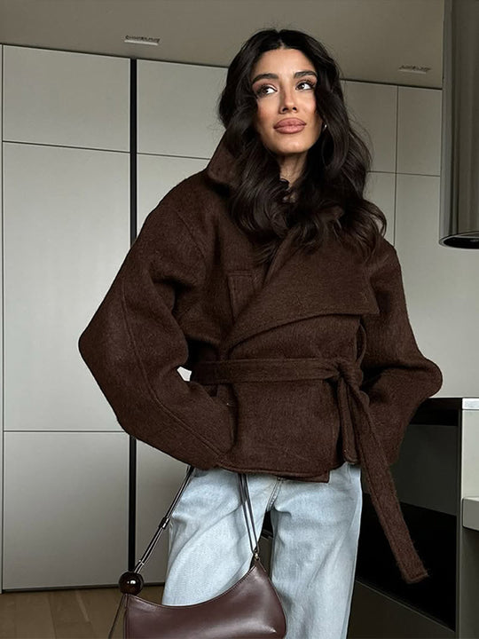 Damen elegante Oversized-Wolljacke mit Gürtel R&B