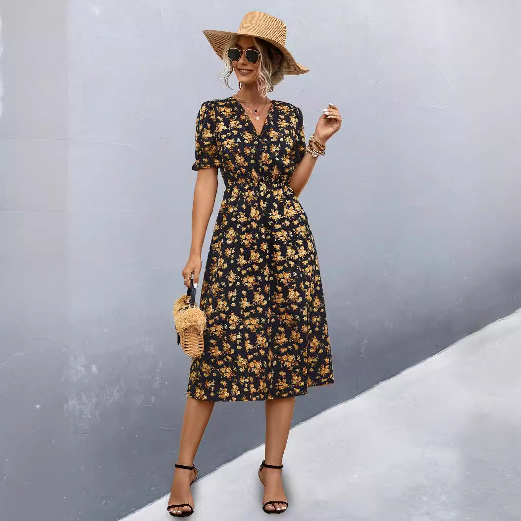 Damen midi Kleid mit floralen Mustern und seitlichem Schlitz R&B