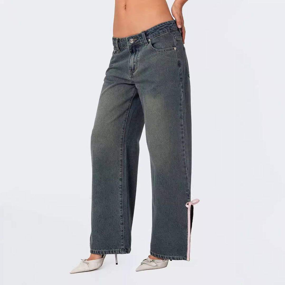 Damen Hohe Taillen Denim-Hose mit modischen Schleifendetails R&B