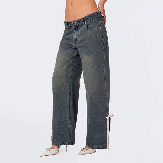 Damen Hohe Taillen Denim-Hose mit modischen Schleifendetails R&B