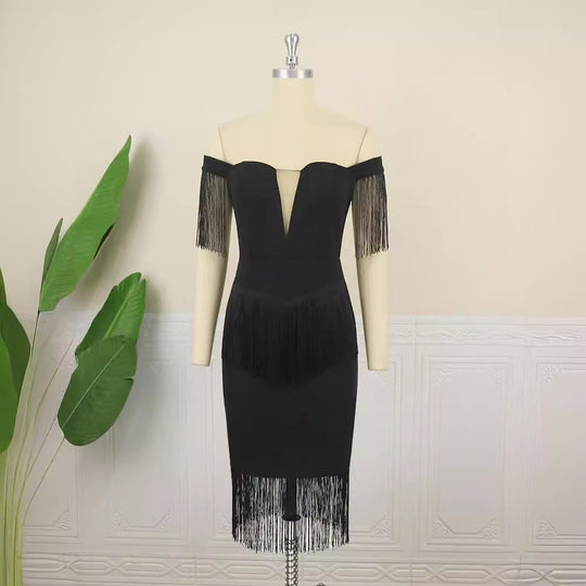 Damen elegantes Cocktailkleid mit Off-Shoulder Design und fransigen Ärmeln R&B