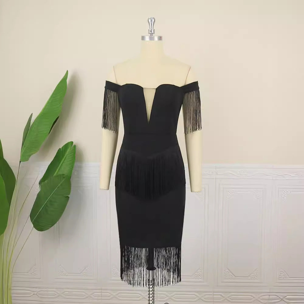 Damen Kleid mit Fransen und tiefem V-Ausschnitt R&B