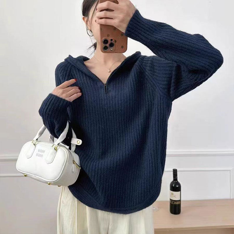 Damen lässiger Strickpullover mit hochgezogenem Kragen und Reißverschluss R&B