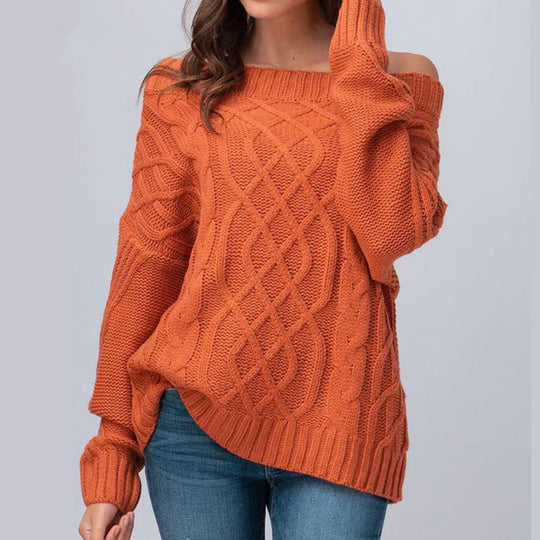 Damen Grobstrickpullover mit asymmetrischem Ausschnitt und Zopfmuster R&B