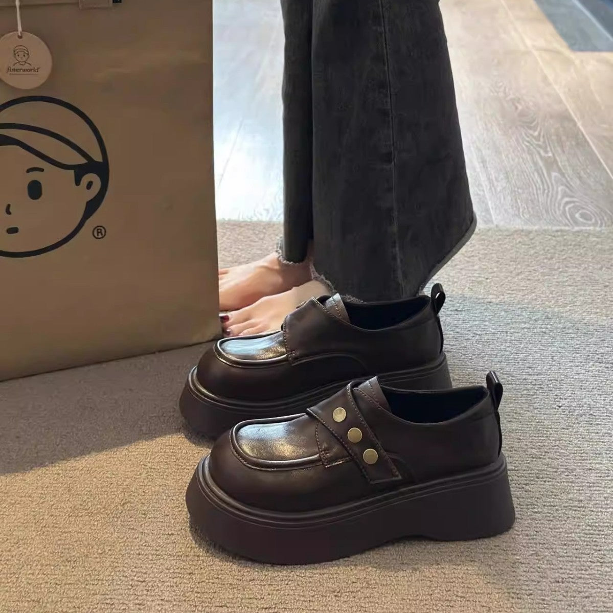 Damen modische Chunky Loafers mit eleganten Metallknöpfen R&B