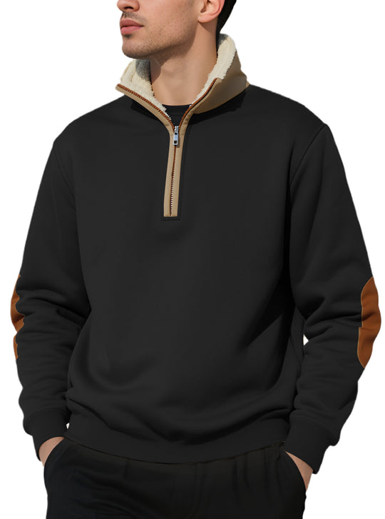 Herren nan legeres Halbzip-Sweatshirt mit Sherpagefüttertem Stehkragen und Kunstleder-Ellenbogenapplikation R&B