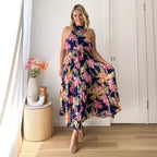 Damen Maxikleid mit elegantem Faltenwurf und Halterneck R&B