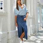 Damen Jeansrock im modernen Midi-Stil mit seitlichem Schlitz und hochgezogenem Saum R&B