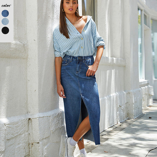 Damen Jeansrock im modernen Midi-Stil mit seitlichem Schlitz und hochgezogenem Saum R&B